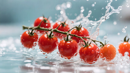 Fresh Cherry Tomatoes on Vine with Water Splash and Droplets in Close-Up