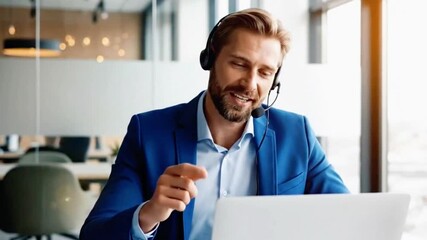 Bearded businessman in headset using laptop during online meeting at office - Powered by Adobe