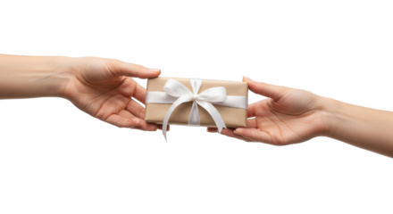 Hands exchanging a wrapped gift symbolizing sharing and generosity.