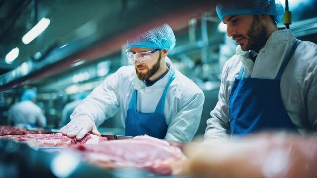 Medium shot of quality control personnel inspecting raw materials in a rendering facility ensuring safety and efficiency in byproduct processing