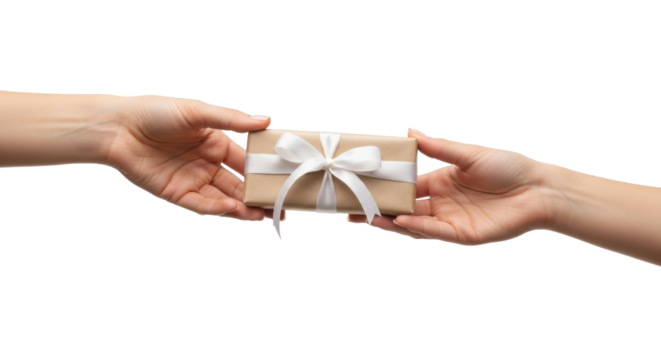 Hands exchanging a wrapped gift symbolizing sharing and generosity.