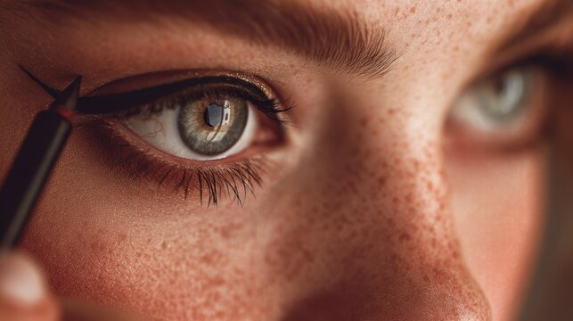 Close up of woman applying eyeliner beauty and cosmetics concept - Powered by Adobe