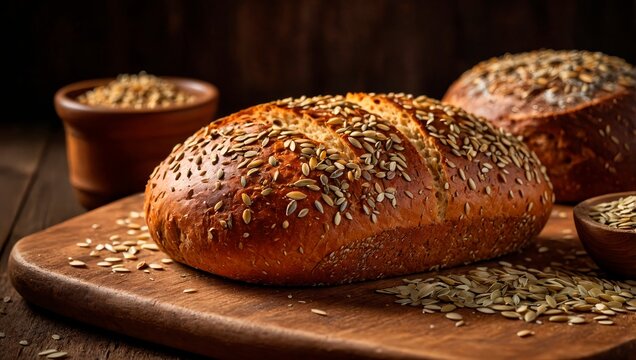 A close-up of a freshly baked multigrain bread roll on a rustic wooden cutting board surface with some oats and grains aside.	