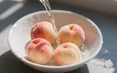 Fresh peaches being washed in a white bowl, water droplets glistening in the sunlight
