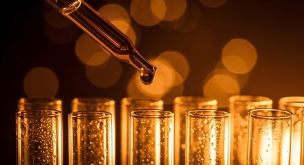 Pharmaceutical research and medical substance discovery. Oil, liquid testing, and lab analysis. Pipette dripping amber-colored fluid into several glass test tubes