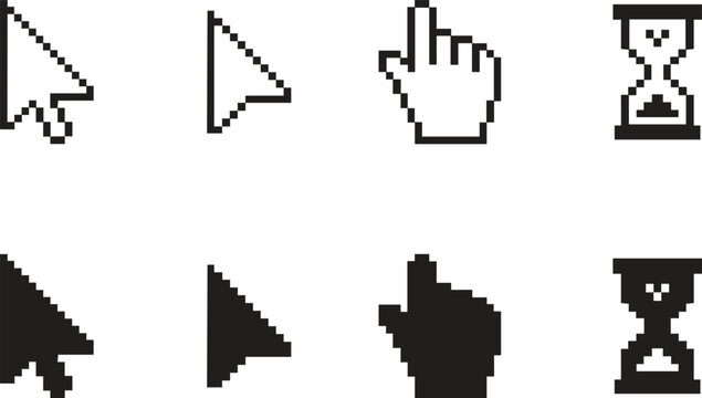 Set of Pixel Art Mouse Cursor Icons - Pointer, Hand, and Hourglass  Collection