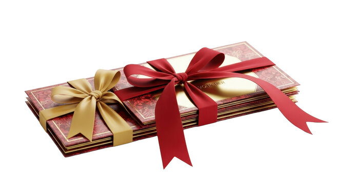 Two stacks of gift certificates tied with festive ribbons.