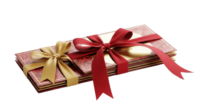 Two stacks of gift certificates tied with festive ribbons.