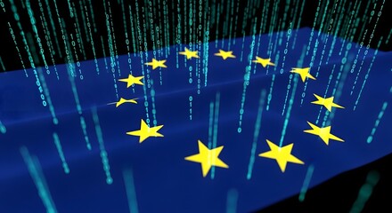 European Union data policy and digital regulations concept. Global network security and privacy. EU flag with blue binary code and data falling over the stars