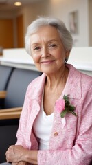 An elderly woman smiling confidently after a mammography appointment, sitting in a clinic waiting room with a pink flower pinned to her jacket. Scene conveys strength and optimism 