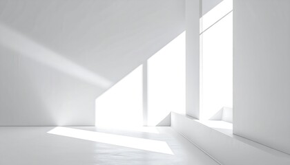 Obraz premium Sunlight casting geometric shadows across a minimalist white architectural interior.