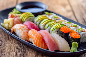 Assorted fresh sushi and rolls with colorful fish and avocado slices served with soy sauce and wasabi on a black platter over wooden table surface