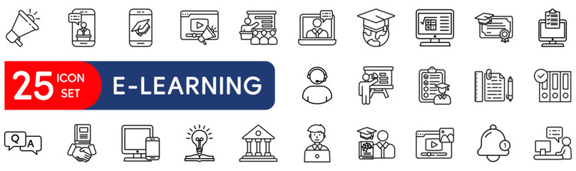 E-learning set of web icons in line style. vector illustration concept relate to education, computer, student, set, line, study, video, school