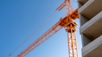 Construction in progress: A crane stands against a blue sky next to a building under construction. The crane is bright orange, contrasting with the clear blue backdrop.