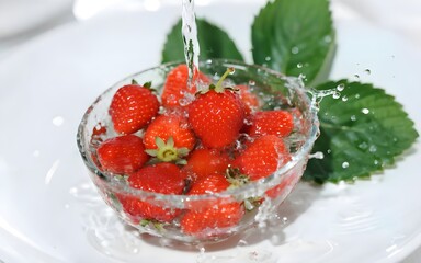Fresh strawberries in glass bowl being washed with water, green leaves background