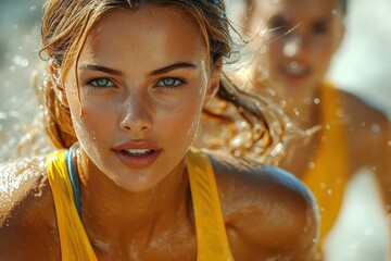 Two friends run gleefully through the ocean waves, water splashing as they enjoy a sunny summer day