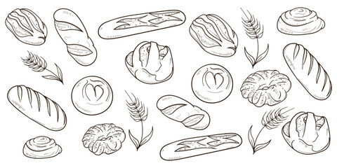 set collection of bread and wheat in hand drawn monochrome design isolated on white background