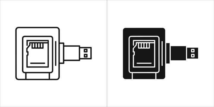 Two icons of a usb card reader, one outline and one solid black