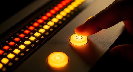 Activating an industrial control system or audio mixer. Sound engineering and professional studio equipment. Finger pressing a glowing yellow power button on a control panel