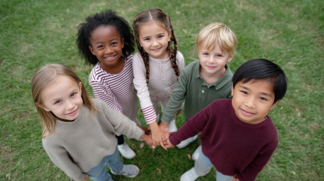 Circle of unity. Top-down view of diverse multiethnic children holding hands in a circle outdoors, smiling at the camera, with a vibrant green field as the background. 