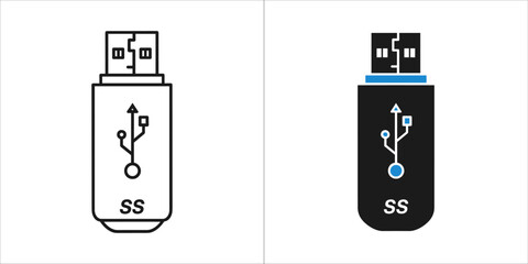 Two usb flash drive icons, one outlined and one solid black with blue accents