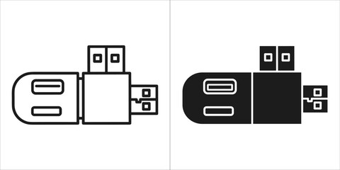 Two icons of a usb flash drive with two ports, one outline and one solid