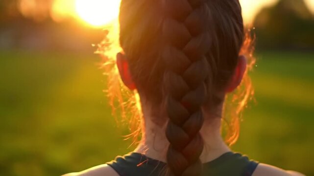 Woman with braided hair enjoying sunset in a serene field