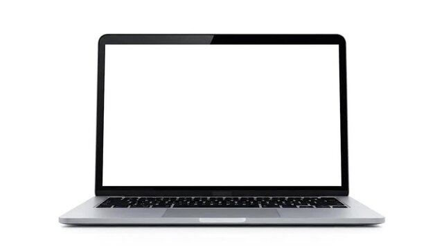 A modern silver laptop with a blank white screen isolated on a white background