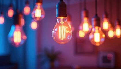 Modern smart light bulbs hang, glowing with vibrant blue, pink hues. Edison style filaments visible. Tech creates beautiful home atmosphere, changing room ambience. Innovative interior design