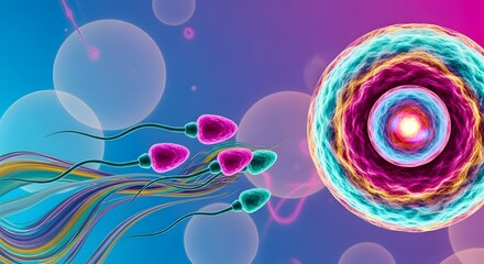 Reproduction and scientific study of human fertilization. In vitro concept with colorful sperm cells and an egg. Microscopic view of the biological process on an abstract background