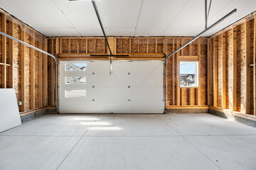 Garage with a white door and a window