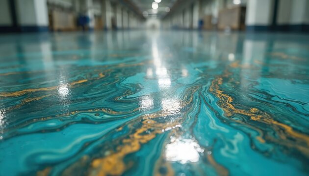 Glossy epoxy resin floor features swirling blue, gold patterns. Modern liquid surface shines, reflecting bright light in large interior hall. Stylish, decorative ground enhances industrial space