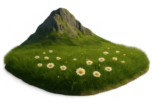Green nature hill with grass and chamomile flowers, isolated mountain peak and meadow, fresh spring landscape on transparent background