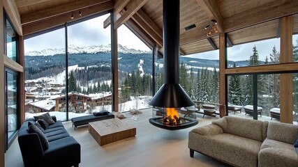 Warm and inviting interior with a stylish fireplace offers breathtaking views of snow-covered mountains and lush trees