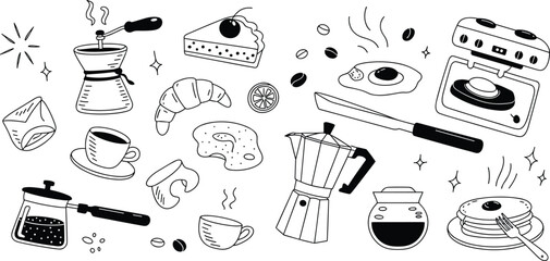 Black and white breakfast food illustration with coffee, pastries, pancakes, toaster, moka pot, French press, croissant, donut, fried egg, cake