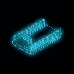 Isometric view of mobile boarding ramp for aircraft passengers boarding, glowing neon style