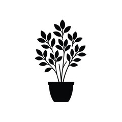 Houseplant with many leaves minimal vector silhouette black pot design isolated