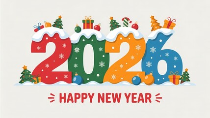Fototapeta premium Festive 2026 numbers decorated with snow gifts and christmas trees for new year celebration