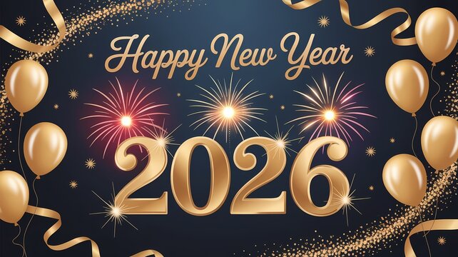 Golden 2026 new year s eve celebration with fireworks and balloons - Powered by Adobe