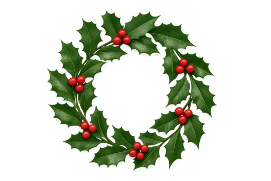 Holly wreath with red berries forming christmas frame, festive decor on transparent background