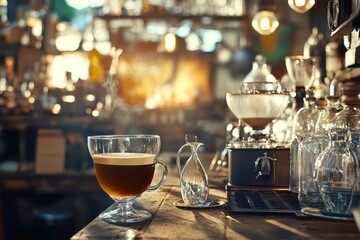 Warm cup of coffee on a rustic wooden table in a cozy cafe during the afternoon