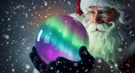 Santa Claus looking at a magic crystal ball in the snowfall. Christmas holiday tradition and mystery of the north. Man dressed as Santa with an aurora glow inside a large orb