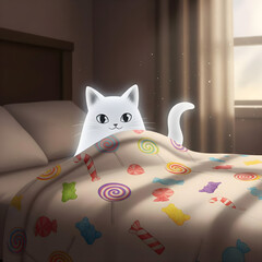 A cute white cat hides under a colorful candy-patterned blanket in a bedroom