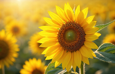 Obraz premium Closeup of one sunflower with green leaves in field. Sunflower blooms in agricultural farm during sunny summer day. Farming countryside plantation garden with yellow flower.