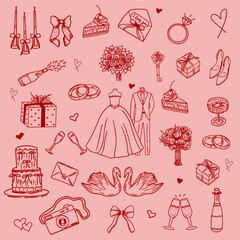 Fototapeta premium cute vintage wedding doodle set hand drawn love marriage