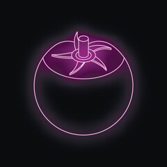 Bright purple neon sign shaped like a tomato glowing on a black background