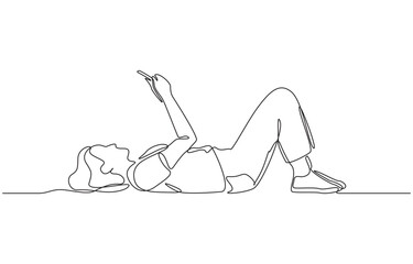 Continuous one line drawing of woman lying on her back and using her smartphone, symbolizing digital connection and modern lifestyle, single line art.