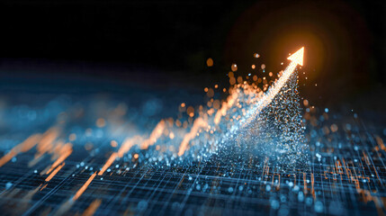 Futuristic digital graph with bright glowing arrow showing rapid upward growth and success on high-tech data interface background