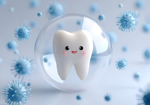 A cute cartoon tooth surrounded by friendly germs, symbolizing dental health and oral care in a playful way.