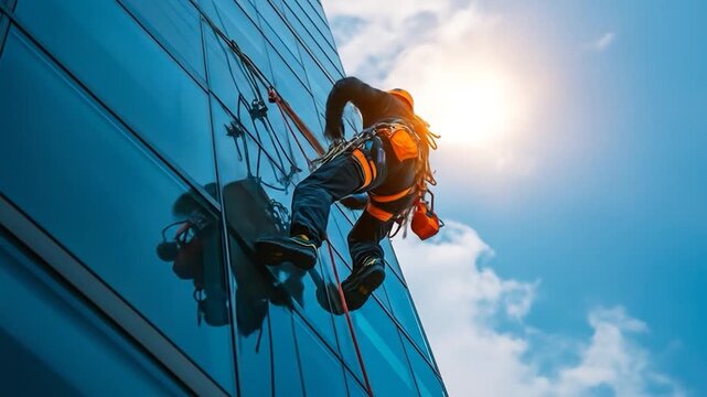 A person rappels down a modern glass building under a bright sky